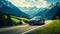 Luxury sedan driving on a scenic mountain road with panoramic views of alpine peaks and lush green forests in a tranquil