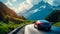 Luxury sedan driving on a scenic mountain road with panoramic views of alpine peaks and lush green forests in a tranquil