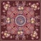 Luxury shawl in russian style with paisley ornament and bouqoets of flowers on brown background