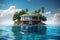 Luxury silk modern villa on tropic island with palms. Travel concept. AI generated