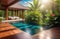 luxury spa and swimming pool, countryside villa, wooden deck with a pool in tropics