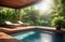 luxury spa and swimming pool, countryside villa, wooden deck with a pool in tropics