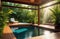 luxury spa and swimming pool, countryside villa, wooden deck with a pool in tropics