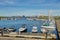 Luxury speedboats docked along side of wooden promenade at Danish capital of Copenhagen