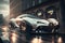 Luxury sport car drives fast on city street, futuristic car moves fast, generative AI