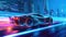 Luxury sports car drives fast on highway at night, shiny auto moves on street. Futuristic racing vehicle on neon city road.