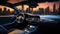 Luxury sports car driving through Dubai illuminated cityscape at dusk generated by AI