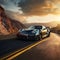 luxury sports car on lonely country road, generative ai