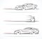 Luxury sports car silhouettes set. Front, perspective and side view. Vector illustration