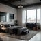 luxury studio apartment with a free layout in a loft style in dark colors. Stylish modern kitchen area with an island, cozy bedroo