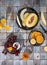 Luxury sunny lunch, siesta on blue and grey ceramic tile background table with long shadows