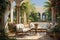 Luxury terrace with white sofa and armchairs in the garden, luxurious garden painting with elegant outdoor furniture, AI Generated