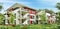 Luxury townhouses near the city. Modern townhouses with terraces and lawn.