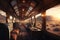 luxury train, with steam engine and luxurious interiors, heading into sunset