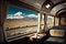 luxury train, with view of snowy mountain range, on journey through the wilderness