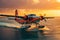 Luxury transport Seaplane landing over Maldives sea at amazing sunset