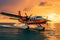 Luxury transport Seaplane landing over Maldives sea at amazing sunset