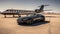 Luxury travel as you witness the grandeur of a supercar and private jet on a pristine landing strip, Generative AI