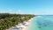 Luxury tropical beach in Mauritius. Beach with palms and blue ocean. Aerial view