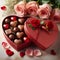 Luxury valentine chocolates in heart shaped gift box and tender flowers and make it