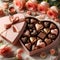 Luxury valentine chocolates in heart shaped gift box and tender flowers and make it