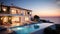 Luxury villa with pool and view of Mediterranean Sea at sunset, Greece