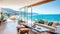 Luxury villa with terrace and floor to ceiling panoramic window with amazing sea view. Interior design of modern living room.