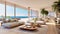 Luxury villa with terrace and floor to ceiling panoramic window with amazing sea view. Interior design of modern living room.