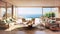 Luxury villa with terrace and floor to ceiling panoramic window with amazing sea view. Interior design of modern living room.