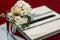 Luxury wedding gift box with roses and expensive golden decor ar