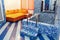 Luxury whirlpool bathtub in elegant recreation room in rehabilitation center, blue tile flooring, relaxing leisure concept