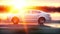 Luxury white car on highway, road. Very fast driving. Wonderfull sunset. Travel and motivation concept. Realistic 4k
