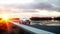 Luxury white car on highway, road. Very fast driving. Wonderfull sunset. Travel and motivation concept. Realistic 4k