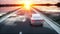 Luxury white car on highway, road. Very fast driving. Wonderfull sunset. Travel and motivation concept. Realistic 4k