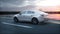 Luxury white car on highway, road. Very fast driving. Wonderfull sunset. Travel and motivation concept. Realistic 4k