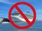 Luxury white cruise ship stay in in port and red forbidding sign with Russia flag. Russian tourism in Europe ban concept, visa for
