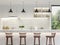 Luxury white kitchen counter 3d render decorated with wooden stool and white kitchen counter