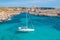 Luxury white yachts colorful landscape with bay, azure water, rocky beach, blue sky, aerial view