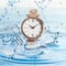 Luxury women`s watch in water splashes demonstrating its waterproof