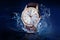 Luxury women`s watch in water splashes demonstrating its waterproof