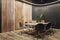 Luxury wooden and black meeting room interior with equipment, furniture and decorative plants. Commercial workspace concept. 3D