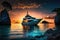 luxury yacht at anchor with crystal-clear ocean and tropical sunset in the background