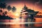 luxury yacht at anchor with crystal-clear ocean and tropical sunset in the background