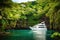 luxury yacht anchored in serene lagoon, with waterfalls and lush greenery visible in the background