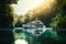luxury yacht anchored in serene, sun-drenched lagoon, surrounded by lush greenery