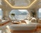 Luxury yacht interior with polished wood brass fixtures