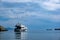 Luxury yacht moored in the middle of the blue calm sea. Kea, Otzias, Greece