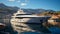 Luxury yacht moored in picturesque bay of beautiful ancient Mediterranean city. Ultra-modern megayacht reflected in