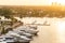 Luxury yacht parked on a canal with the sun coming down at Fort Lauderdale. Port of Fort Lauderdale with Sunset at the