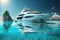 luxury yacht with sun deck, surrounded by sparkling water and crystal blue skies